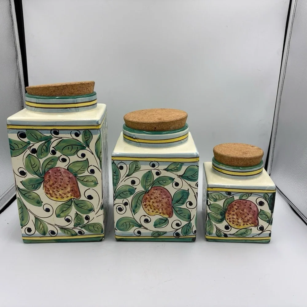 Leoncini‎ Italy Hand Painted Ceramic Canister Set San Gimignano Fruit Cork Lid
